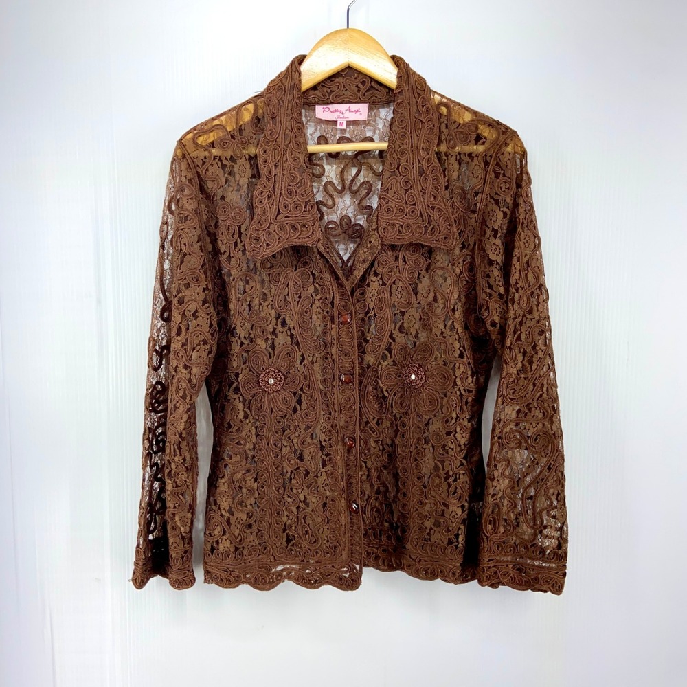 Pretty Angel Brown Silk‎ Lace Long Sleeve Wide Collar Blouse Womens Medium